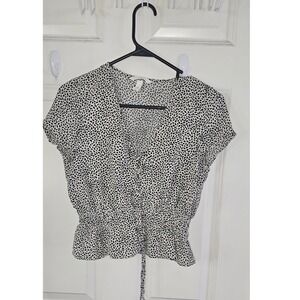 HM Womens Black White Speckled Smocked Waist Peplum Blouse Top Size 4